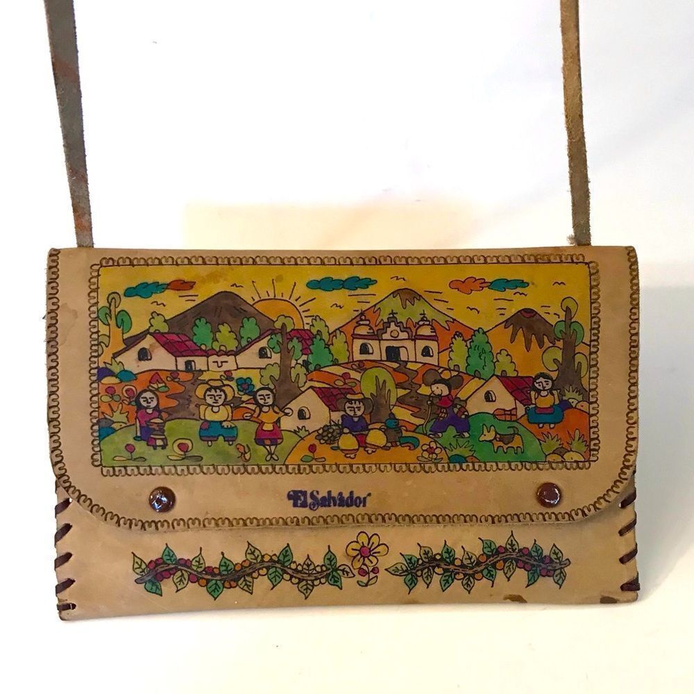 Hand tooled vintage leather crossbody mini bag
